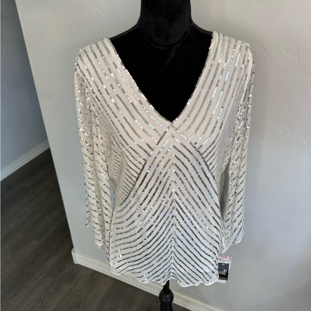 Adrianna Papell 100% Silk Elegant Sequin Hand Beaded Top And Pant Set. L